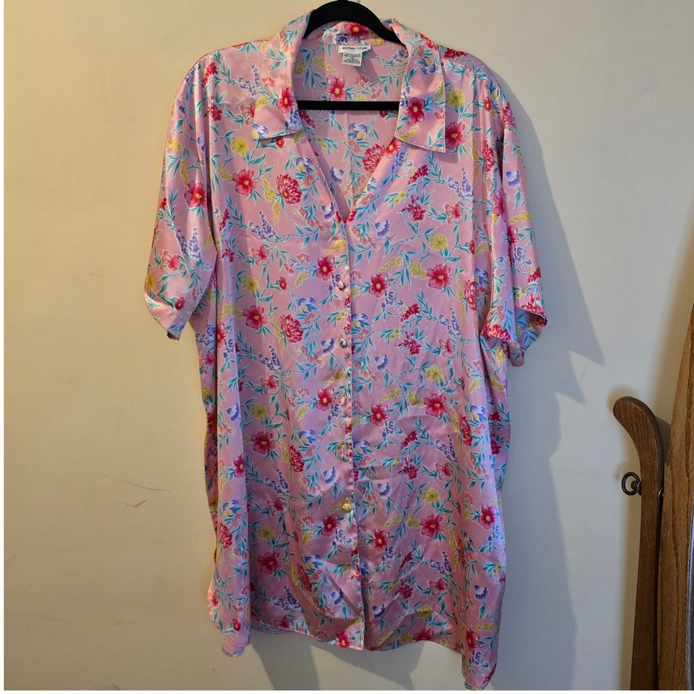 Morgan Taylor Pink Floral Satin Nightshirt Button Front Sleepwear 2X Plus Size